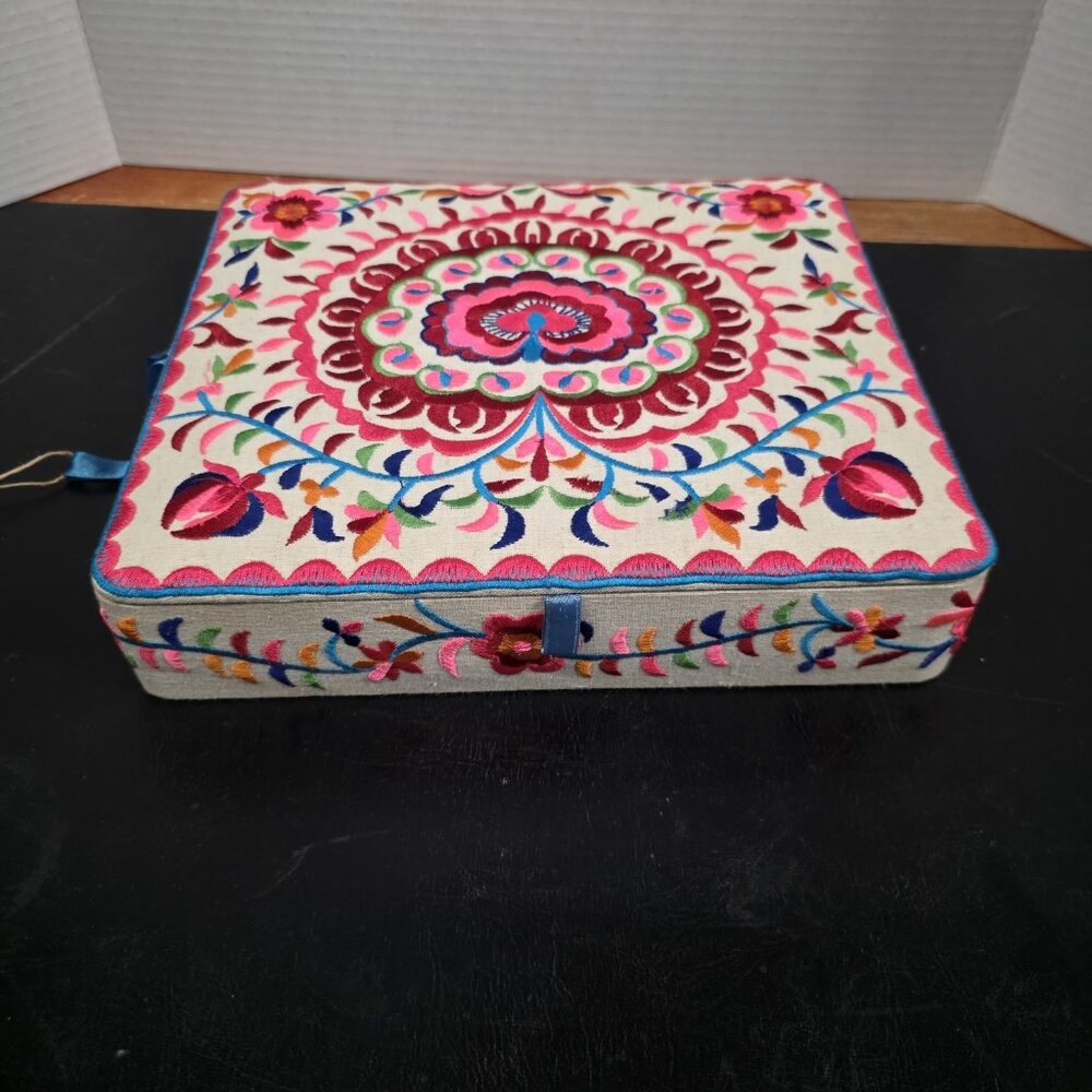 Bohemian Embroidered Colorful Jewelry Box 11x9.5in Approximate - Picture 2 of 9